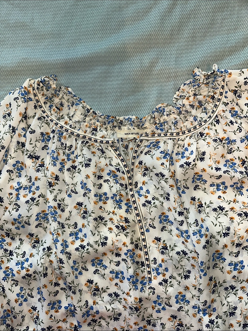 Max Studio White Floral Peasant Blouse with Blue Print - Picture 6 of 9